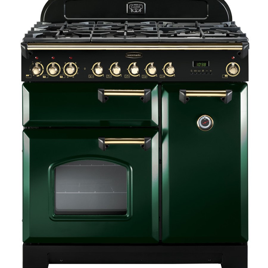 product image RangeM Class DL 90cm Dual Fuel Green Racing Green with Brass trim 
H 90.5/93.0cm x W 90.0cm x D 67.0cm