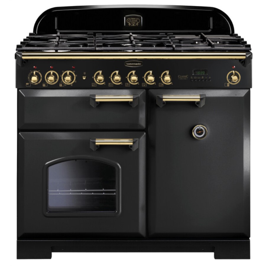 product image RangeMaster DL100 D/Fuel Char. Blk/Brass H 90.5 / 93.0 cm x W 99.6 cm x D 67 cm