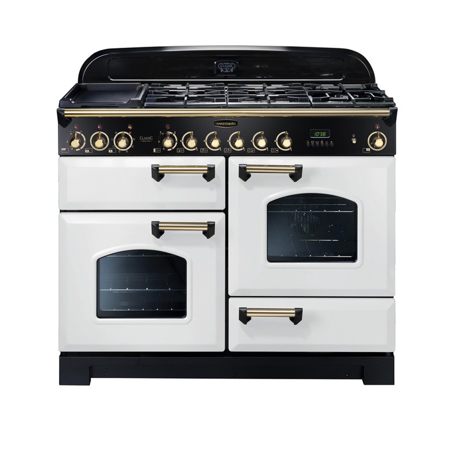 product image RangeM Class Deluxe Dual Fuel 110 cm White with Brass trim 
H 90.5/93.0cm x W 109.2cm x D 67.0cm