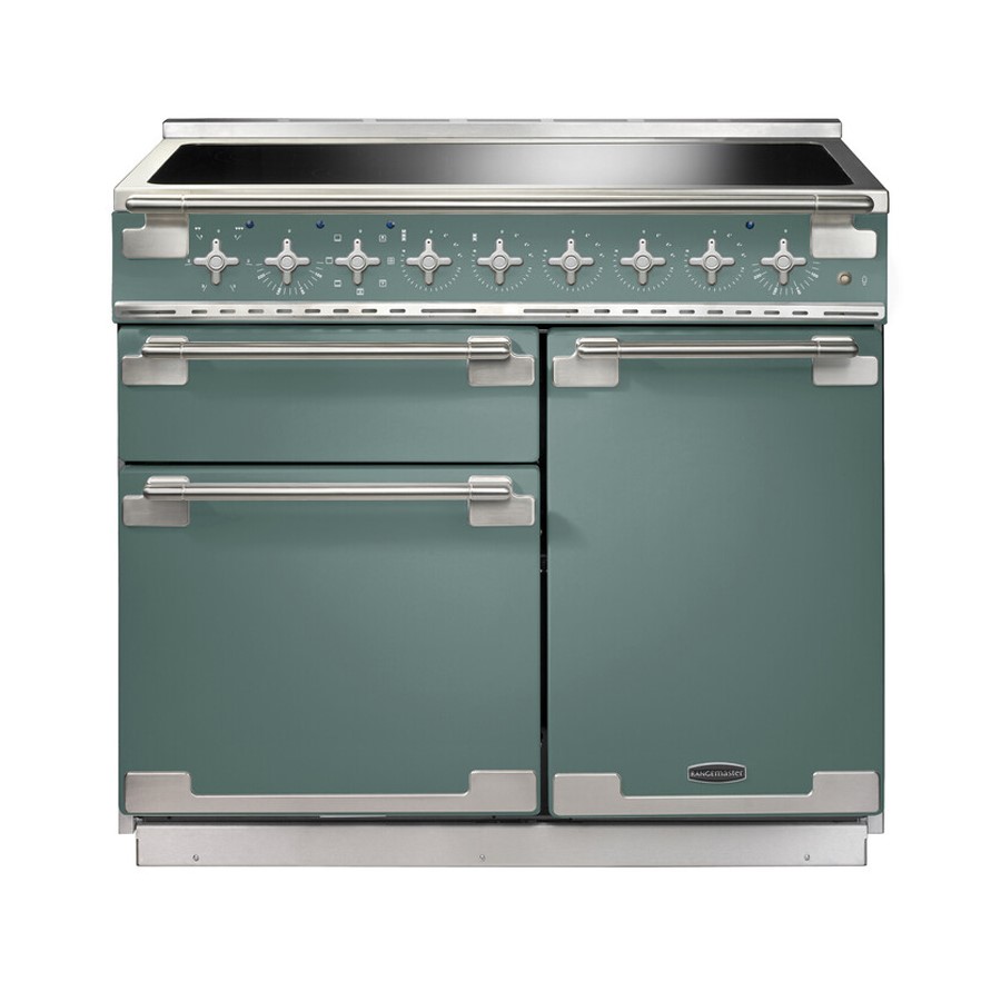 product image RangeM Elise 100 Induction Mineral Green With Brushed Nickel Trim 
H 91.0/93.5cm x W 99.4cm x D 65cm
