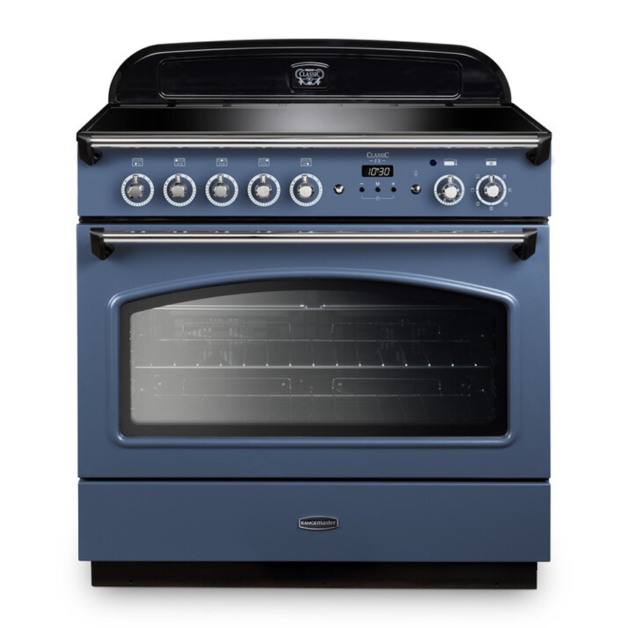 product image RangeM Class FX 90 cm Induct. Stone Blue With Chrome trim 
H 90.5/93.0cm x W 90cm x D 67.1cm